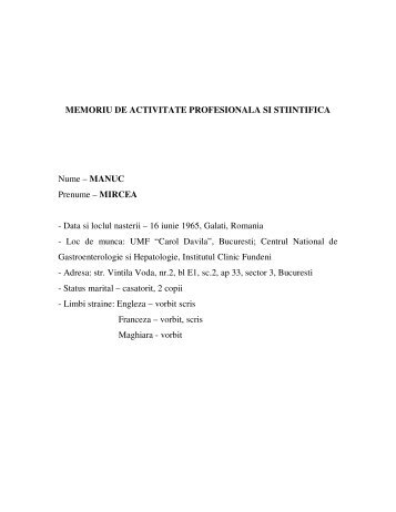 memoriu de activitate profesionala si stiintifica - Universitatea de ...