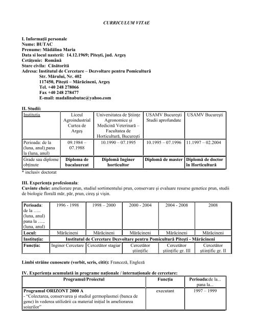 CURRICULUM VITAE I. Informaţii personale Nume ... - ICDP - Pitesti