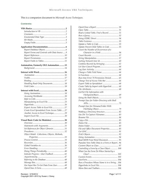 Microsoft Access VBA Techniques - Susan Dorey Designs in