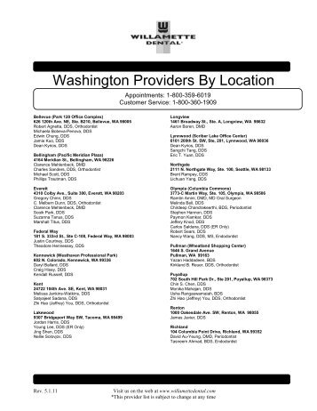 Willamette Dental WA Provider List