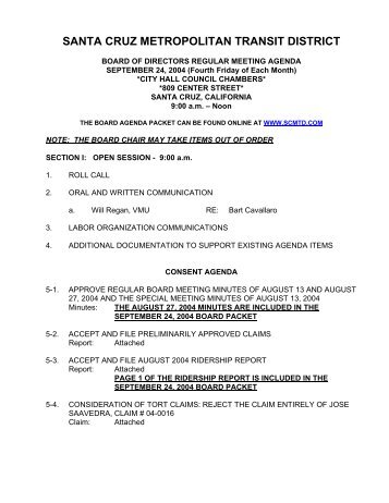 SCMTD September 24, 2004 Board of Directors Agendas