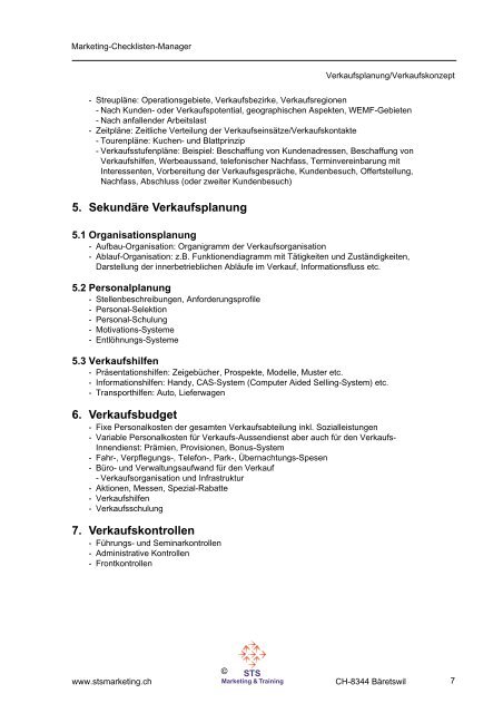 Checkliste Verkaufsplanung/Verkaufskonzept - STS Marketing ...