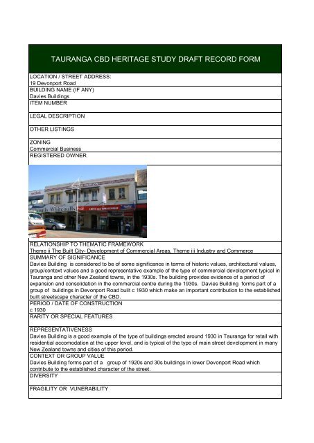 tauranga cbd heritage study draft record form - Tauranga City Council