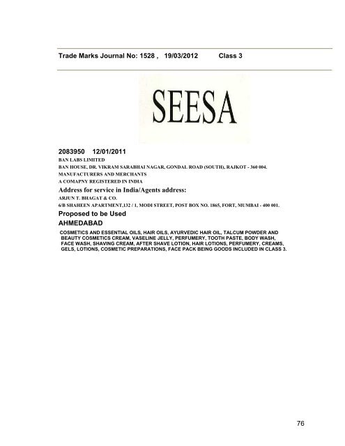 Class - Controller General of Patents, Designs, and Trade Marks