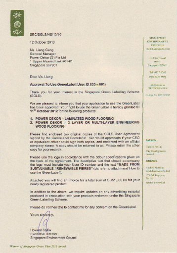 Singapore Green Label Approval & Certificate of ... - Power Dekor