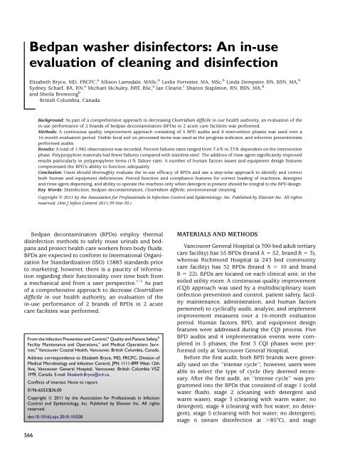Bedpan washer disinfectors: An in-use evaluation of ... - CCIH
