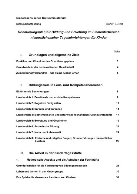 Orientierungsplan Für Bildung Und Erziehung Niedersachsen Orientierungsplan für Bildung und Erziehung im Elementarbereich