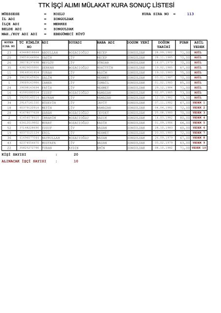 TTK İŞÇİ ALIMI MÜLAKAT KURA SONUÇ LİSTESİ