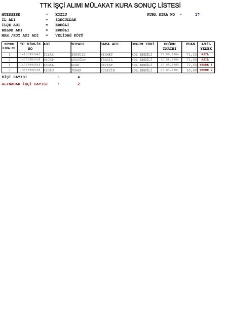 TTK İŞÇİ ALIMI MÜLAKAT KURA SONUÇ LİSTESİ