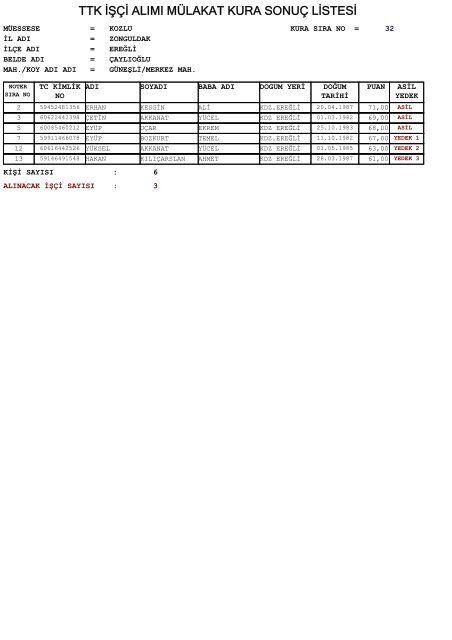 TTK İŞÇİ ALIMI MÜLAKAT KURA SONUÇ LİSTESİ