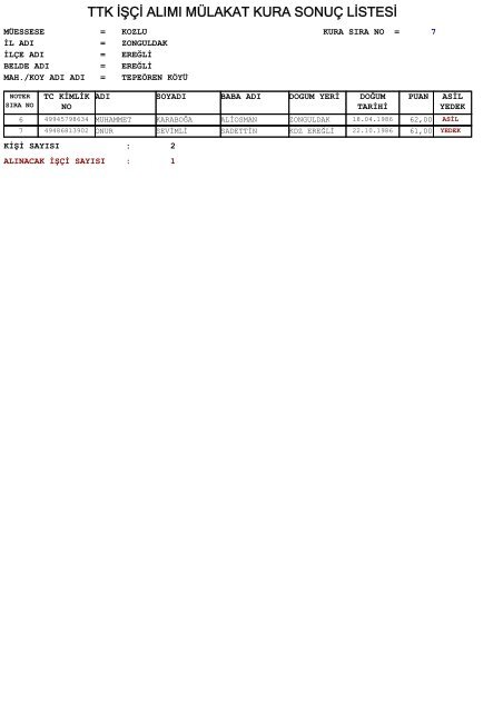 TTK İŞÇİ ALIMI MÜLAKAT KURA SONUÇ LİSTESİ