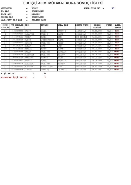 TTK İŞÇİ ALIMI MÜLAKAT KURA SONUÇ LİSTESİ