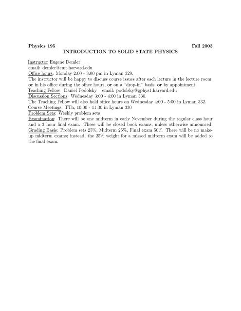 Physics 195 Fall 2003 INTRODUCTION TO SOLID STATE PHYSICS ...