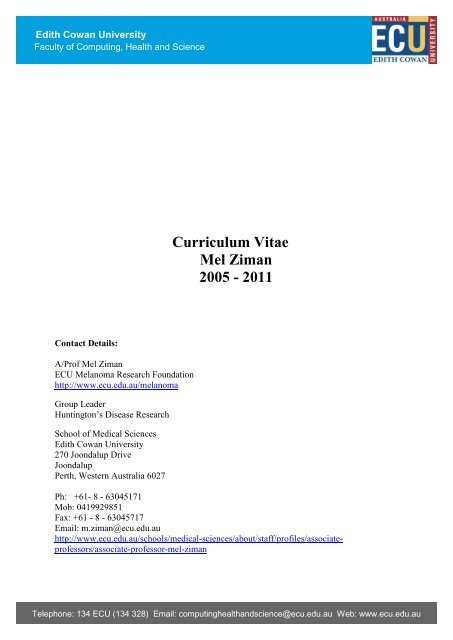 Curriculum Vitae Mel Ziman 2005 2011 Edith Cowan University