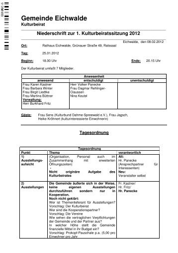 Niederschrift zur 1. Kulturbeiratssitzung 2012 - Eichwalde