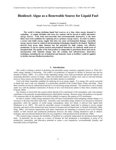 Biodiesel: Algae as a Renewable Source for Liquid Fuel