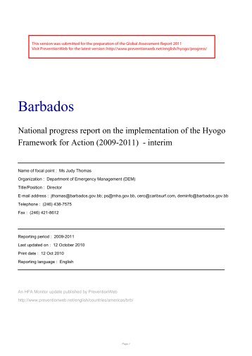 Barbados: National Progress Report on the ... - PreventionWeb