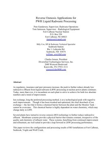 Reverse Osmosis Applications for PWR Liquid Radwaste Processing