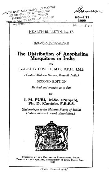 The Distribution of Anooheline Mosquitoes in India