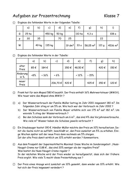 Mathe 7 Klasse Gymnasium Aufgaben Mit Lösungen Pdf Aufgaben zur Prozentrechnung Klasse 7