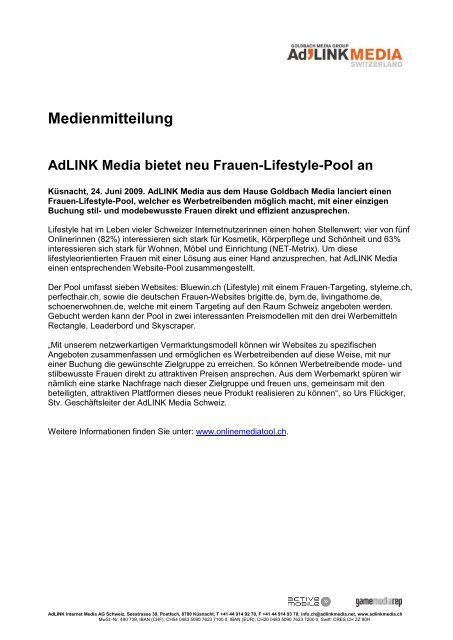 Medienmitteilung AdLINK Media bietet neu Frauen-Lifestyle-Pool an