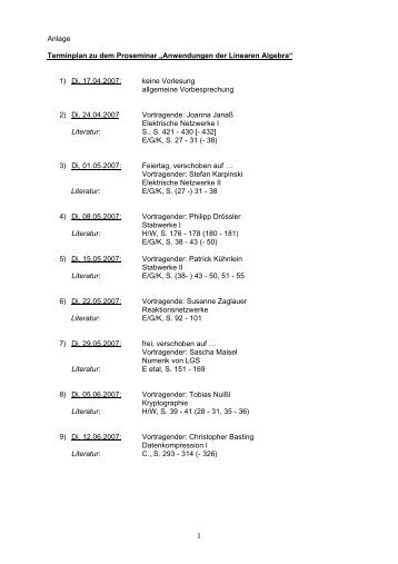 Anlage Terminplan zu dem Proseminar „Anwendungen der ...
