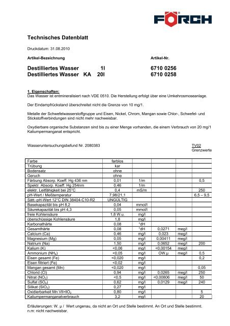 Technisches Datenblatt Destilliertes Wasser 1l 6710 0256  - Förch