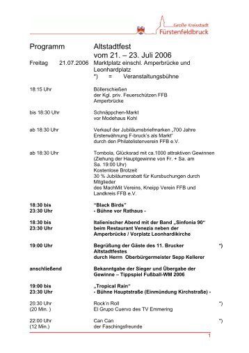 Programm Altstadtfest vom 21. – 23. Juli 2006 - in Fürstenfeldbruck