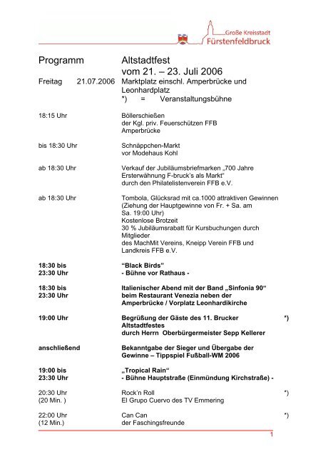 Programm Altstadtfest vom 21. – 23. Juli 2006 - in Fürstenfeldbruck