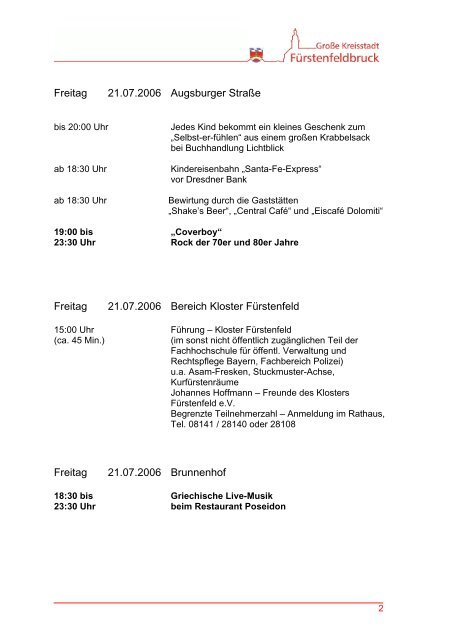 Programm Altstadtfest vom 21. – 23. Juli 2006 - in Fürstenfeldbruck