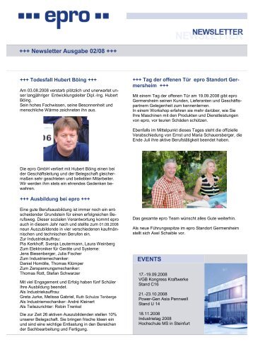 +++ Newsletter Ausgabe 02/08 +++ EVENTS - epro GmbH