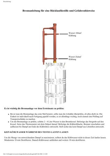 Brennanleitung für eine Rücklaufdestille und Gefahrenhinweise