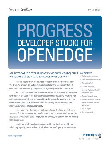 Progress Developer Studio for OpenEdge data sheet
