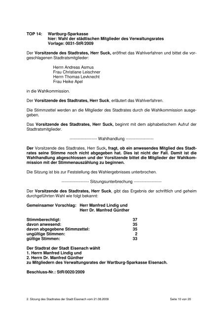 Protokoll August-Sitzung 2009 - Eisenach