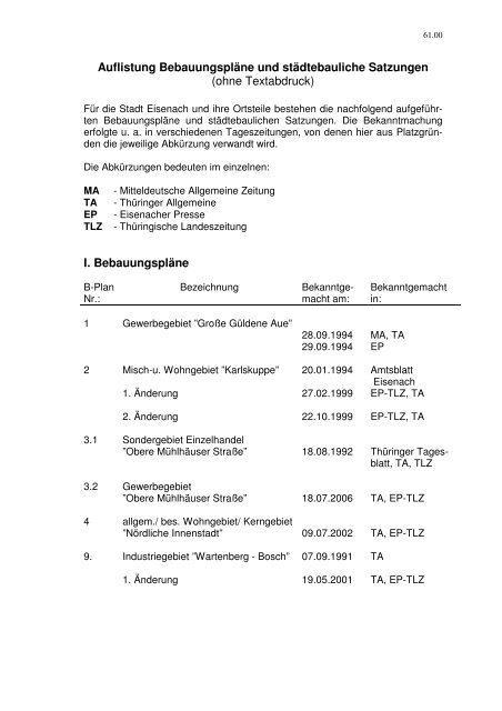 Auflistung Bebauungspläne und städtebauliche Satzungen - Eisenach