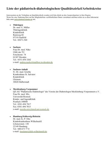 Liste der pädiatrisch-diabetologischen Qualitätszirkel/Arbeitskreise