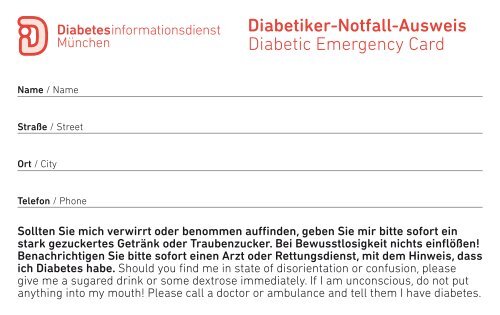 Diabetiker-Notfall-Ausweis Diabetic Emergency Card