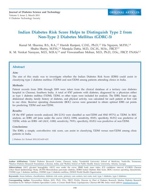 Indian Diabetes Risk Score Helps to Distinguish Type 2 from Non ...