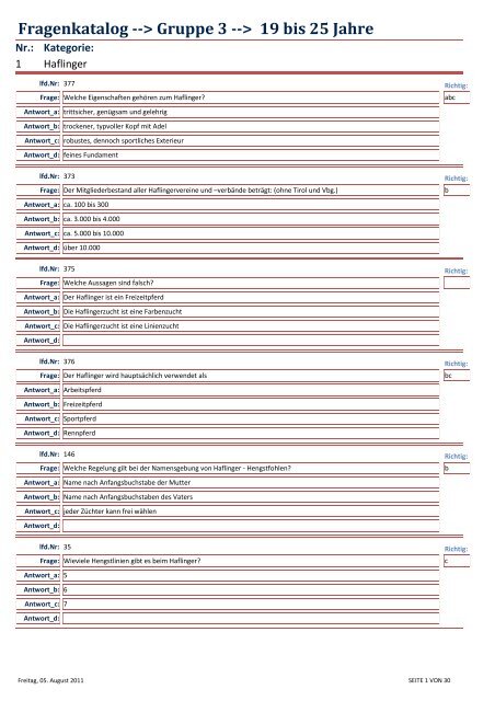 Fragenkatalog --> Gruppe 3 --> 19 bis 25 Jahre - Pferdezucht-Austria