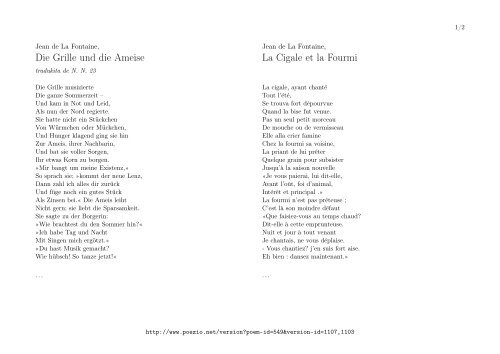 Die Grille und die Ameise La Cigale et la Fourmi - poezio.net