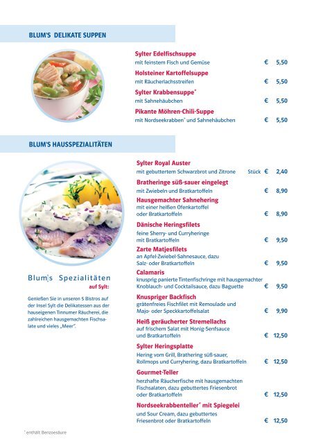 ein Auszug aus unserer Seafood-Speisekarte (Neue - Blum's Fisch ...