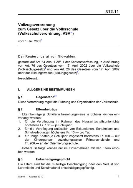 Vollzugsverordnung zum Gesetz über die Volksschule ...