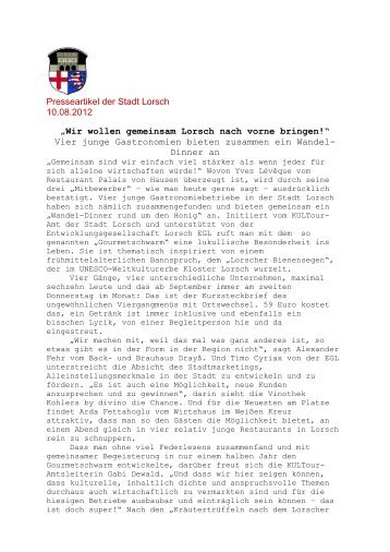Pressemitteilung zum Gourmetschwarm, Wandeldinner in Lorsch ...