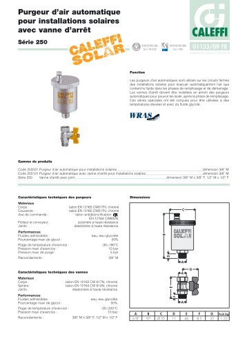 Purgeur d'air automatique pour installations solaires avec ... - Caleffi