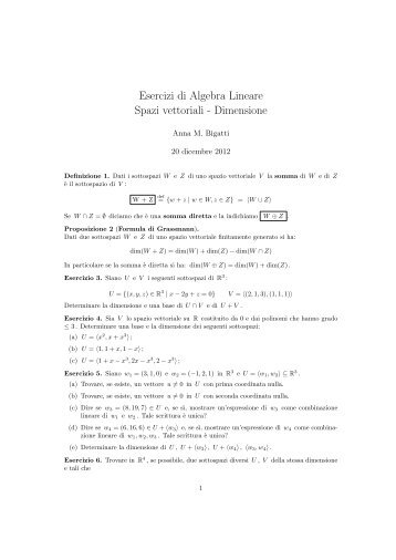 Esercizi di Algebra Lineare Spazi vettoriali - Dimensione - DIMA