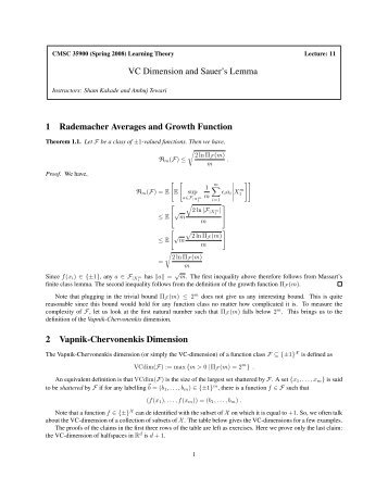 VC Dimension and Sauer's Lemma 1 Rademacher Averages and ...