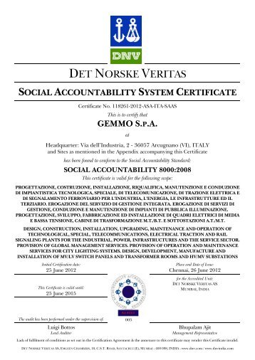 social accountability system certificate - Gemmo Impianti