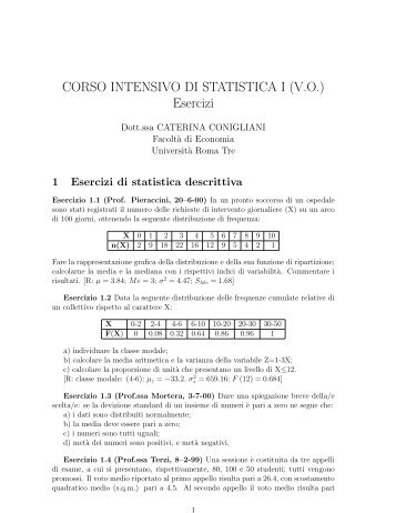 CORSO INTENSIVO DI STATISTICA I (V.O.) Esercizi