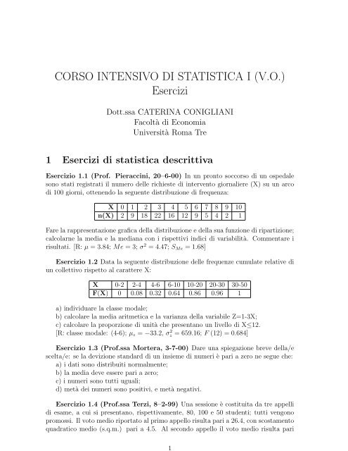 CORSO INTENSIVO DI STATISTICA I (V.O.) Esercizi