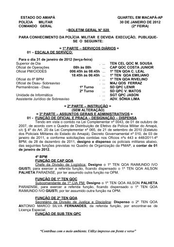 Boletim Geral n° 020 - Polícia Militar do Amapá